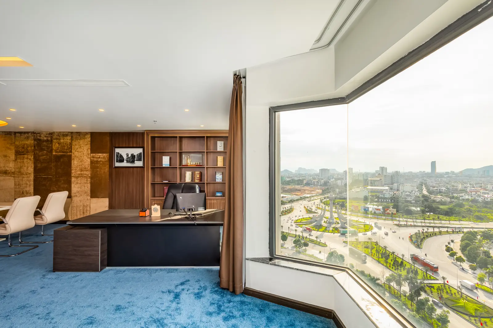 Large windows overlooking the city